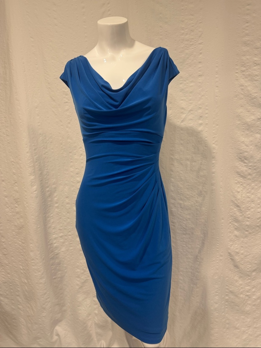 Lauren Ralph Lauren Blue Sheath Dress Size 4 Draped Neck Ruched Midi